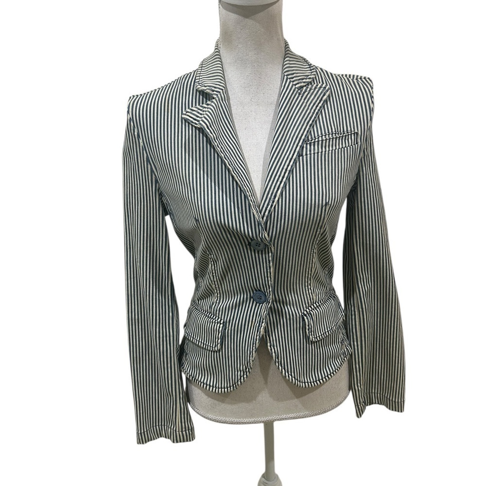 Vtg 1990’s HUGO boss navy cream Striped fitted cotton Blazer distressed small